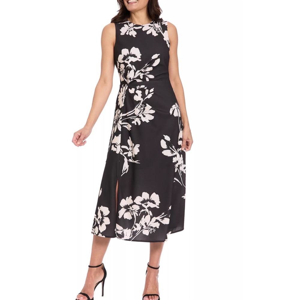 London Times Floral Midi Dress Women 8P NEW Side Twist Slit MSRP $109 Blk/Beige
